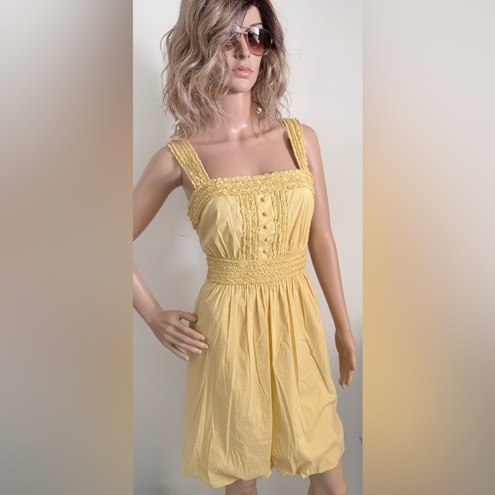 BCBGMaxAzria Vintage Bubble Hem Yellow Dress Pockets Ruffle Details & Bow Sz S